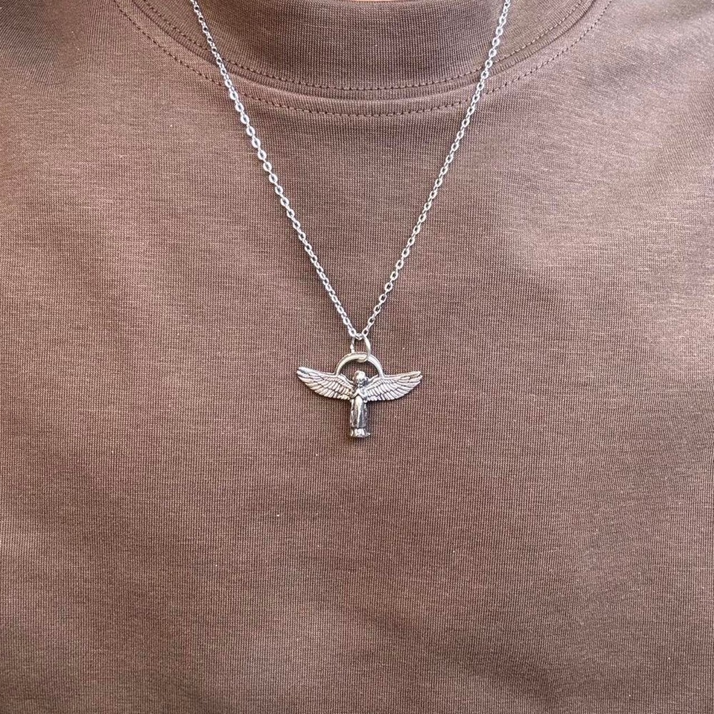 Silver Angel Pendant Necklace Polished Metal Streetwear Statement Jewelry Mens